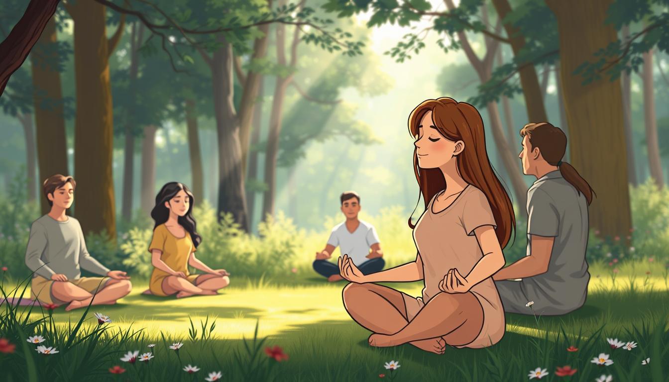 A small group practising a grounding meditation in a calm, sunlit space